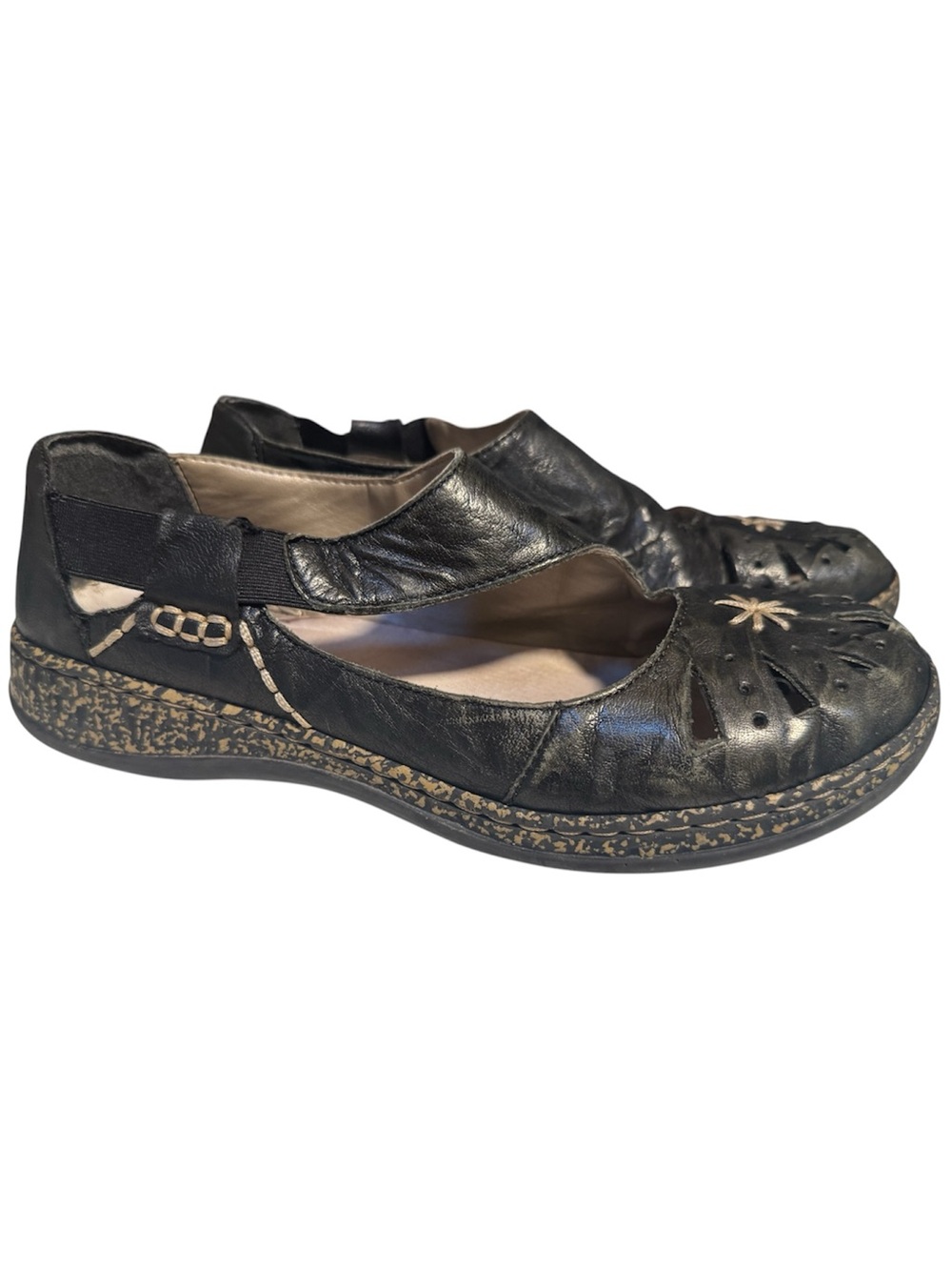 Rieker Black Leather Slip-On Mary Jane Flats with Daisies EUR 38 / US 7.5
